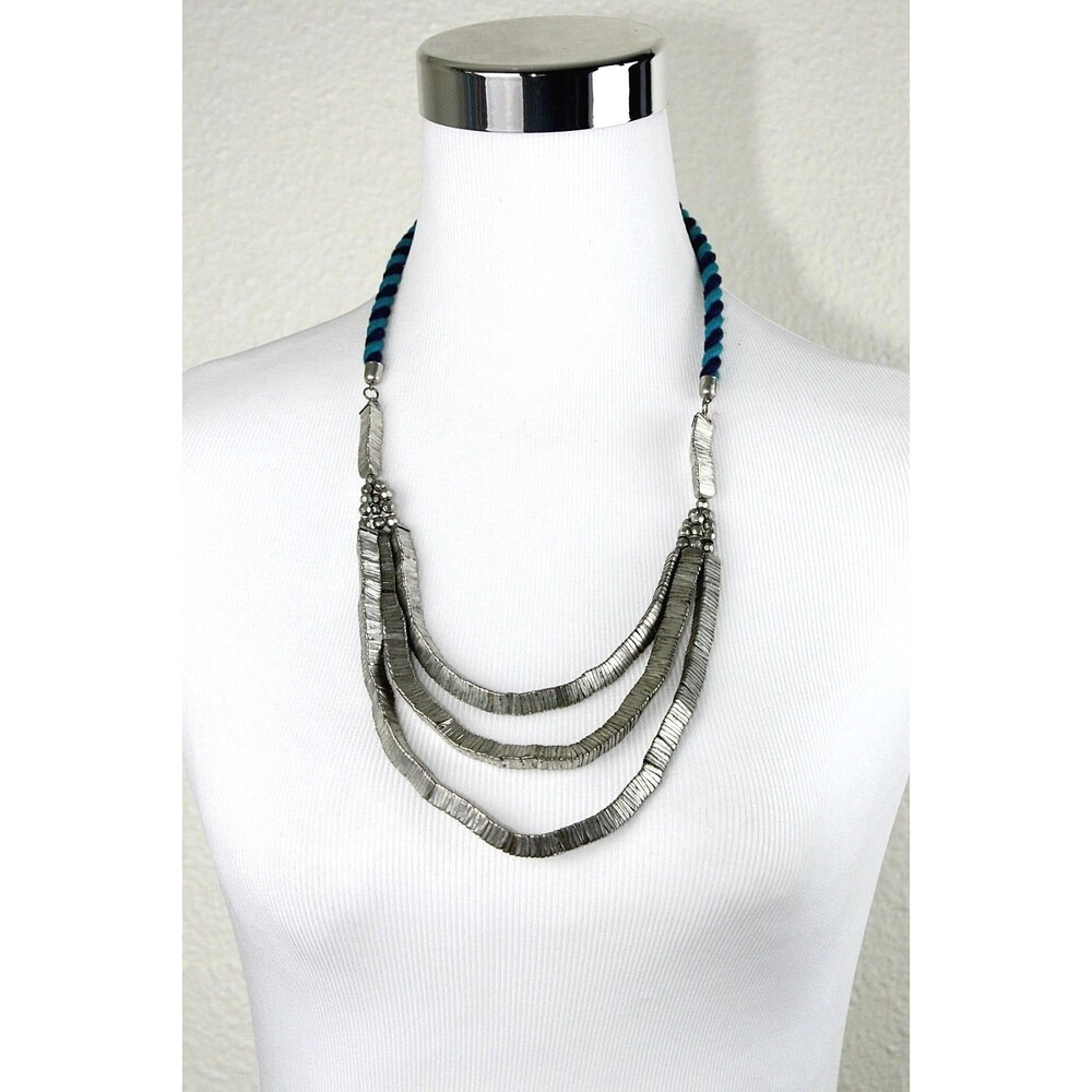 SFERA 3 STRAND Layered Necklace Twisted Rope Triangle Silver Tone Metal Beads